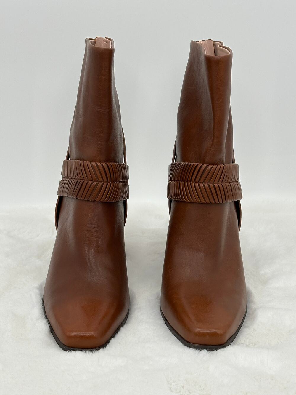 AD & Daughters Leather Block Heel Boot Cognac Woven Strap Square Toe Size 9